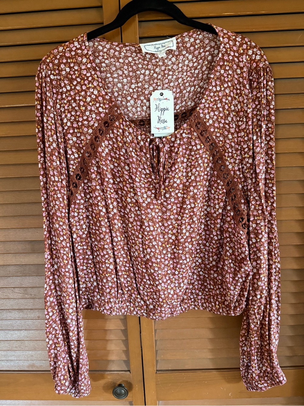 Hippie Rose Rust Floral Lace-Trim Tie-Neck Blouse